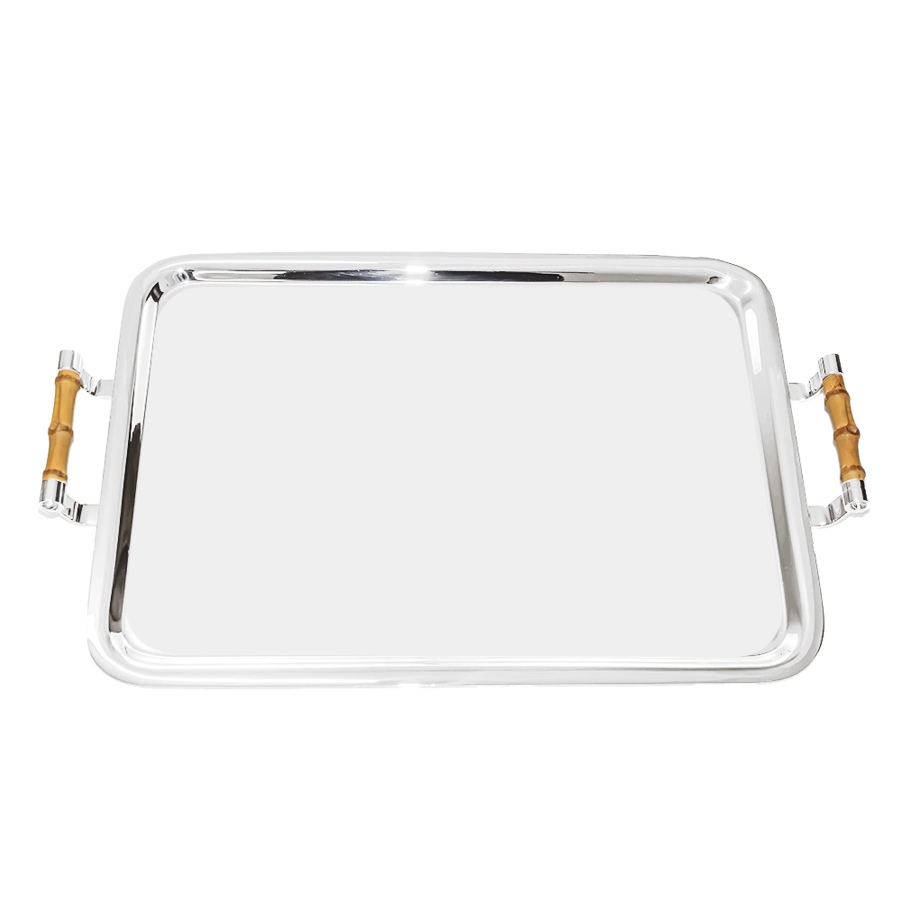 Bandeja Shefield Em Prata Com Alça Em Bambu 48 X 32 Cm Bandeja Shefield Em Prata Com Alça Em Bambu 48 X 32 Cm