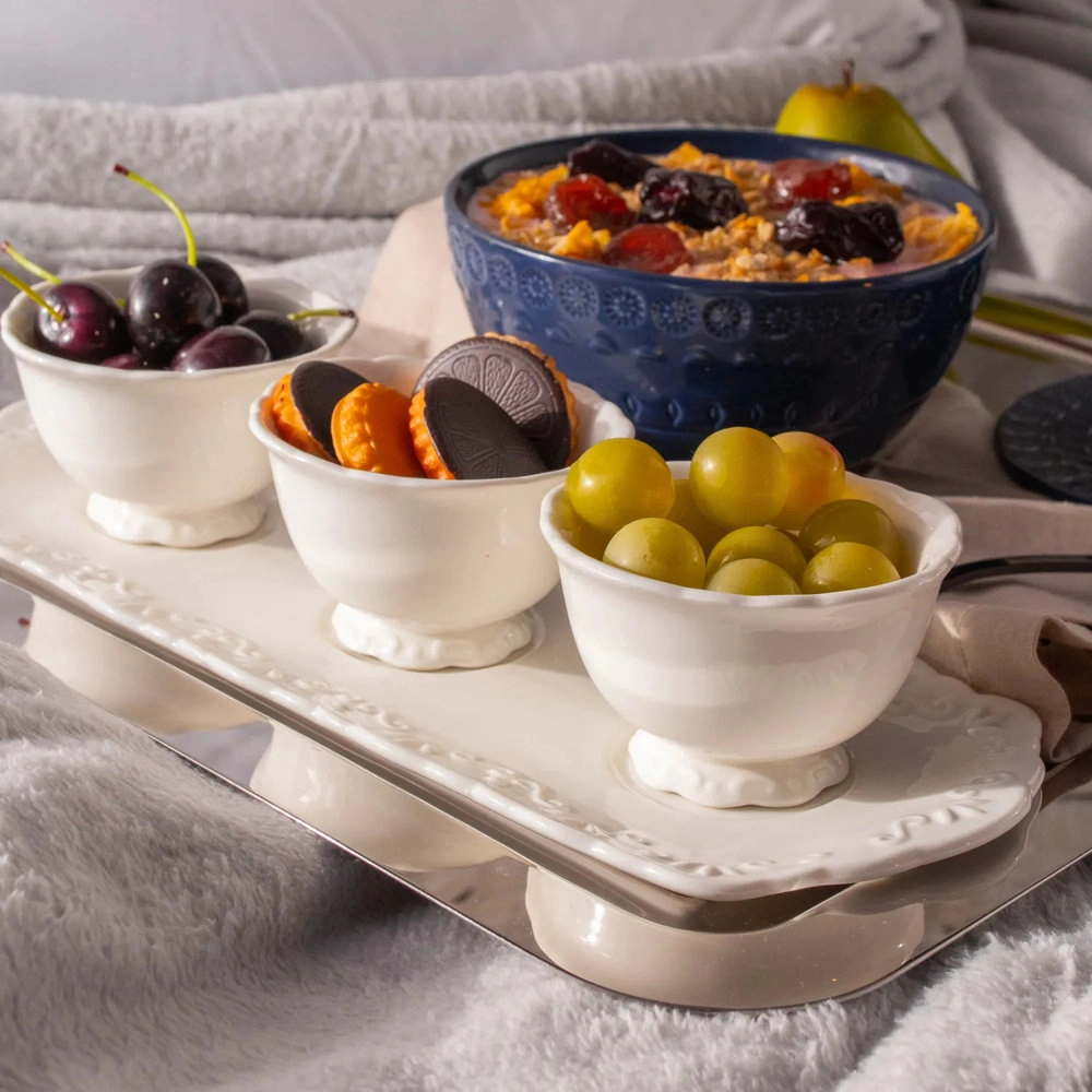 Conjunto 3 Petisqueiras de Porcelana Durable Porcelain Com Bandeja Alto Relevo 33cm X 13cm -wolff Conjunto 3 Petisqueiras de Porcelana Durable Porcelain Com Bandeja Alto Relevo 33cm X 13cm -wolff