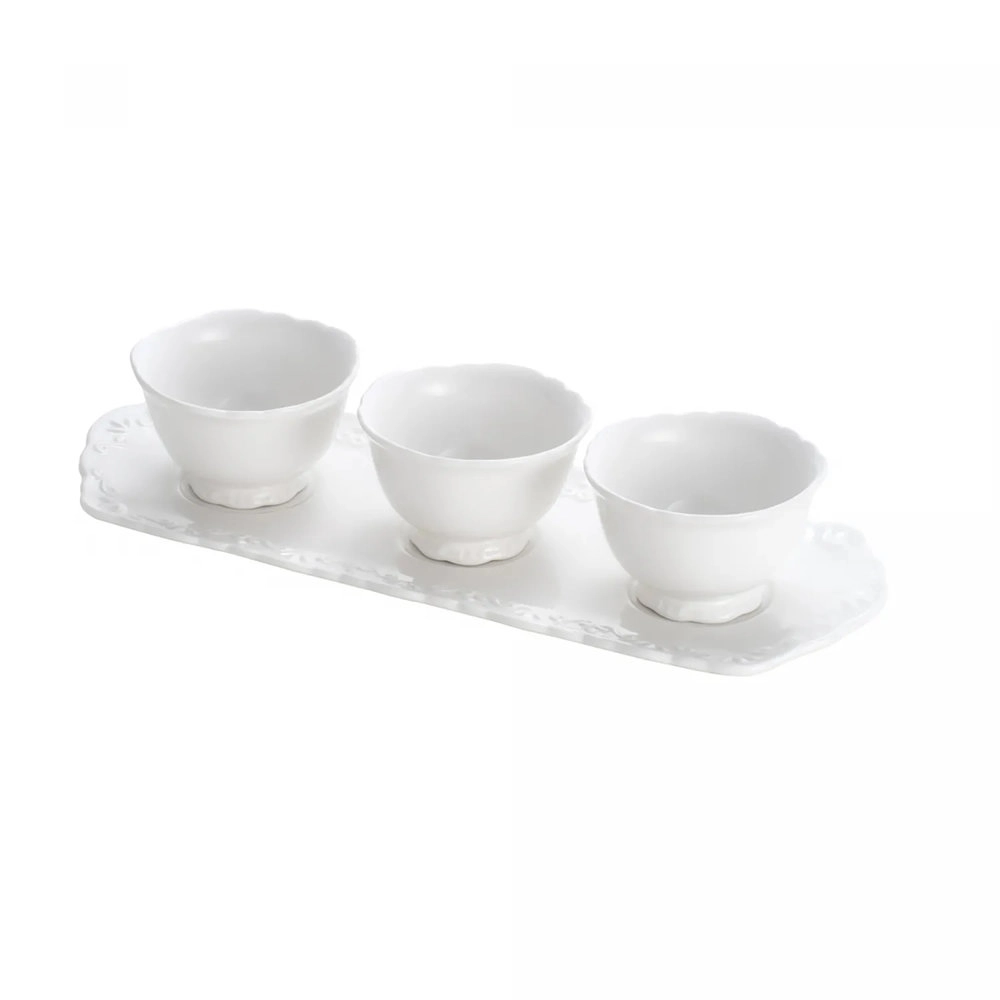 Conjunto 3 Petisqueiras de Porcelana Durable Porcelain Com Bandeja Alto Relevo 33cm X 13cm -wolff Conjunto 3 Petisqueiras de Porcelana Durable Porcelain Com Bandeja Alto Relevo 33cm X 13cm -wolff
