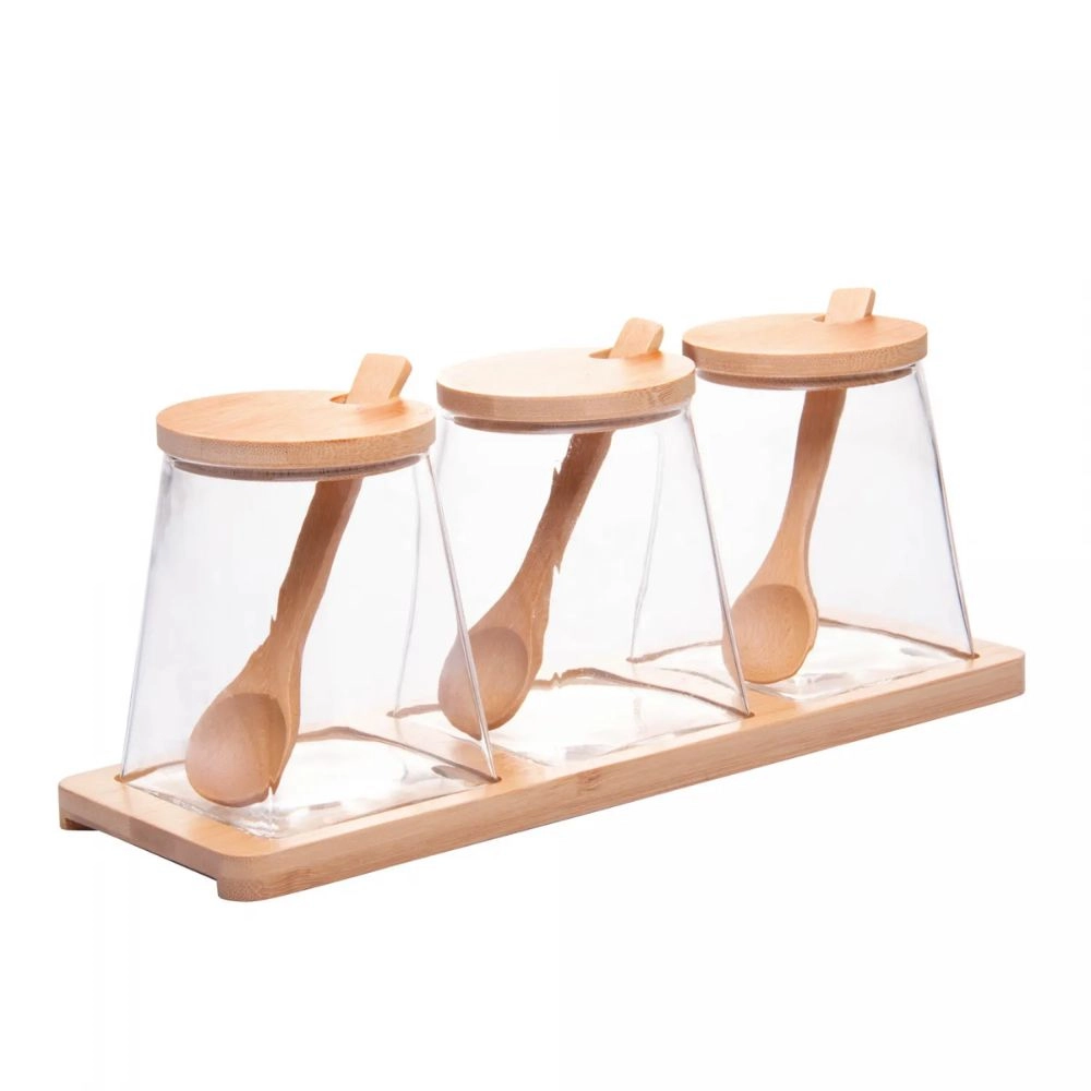 Conjunto 3 Potes Com Tampa Hermetica + Colher e Bandeja Em Bambu - Wolff Conjunto 3 Potes Com Tampa Hermetica + Colher e Bandeja Em Bambu - Wolff