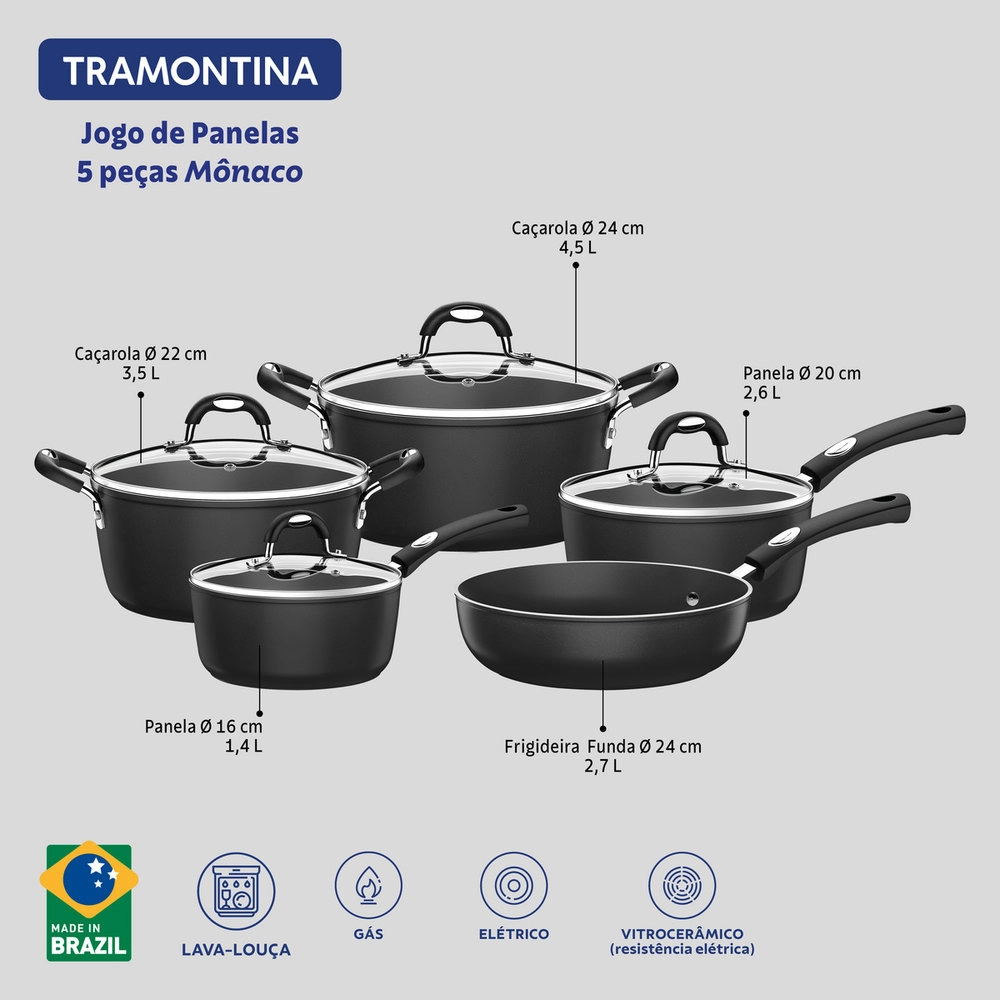 Jogo de Panelas Tramontina Monaco Preto - 5 Pecas