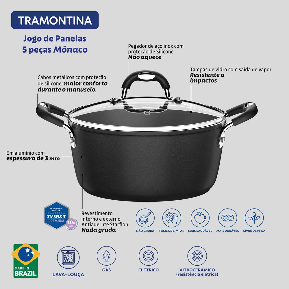 Jogo de Panelas Tramontina Monaco Preto - 5 Pecas