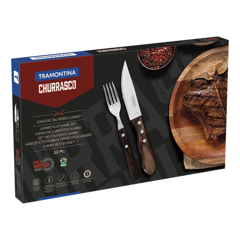 Jogo de Talheres Para Churrasco Jumbo Tramontina Cabo Castanho Polywood - 12 Pecas