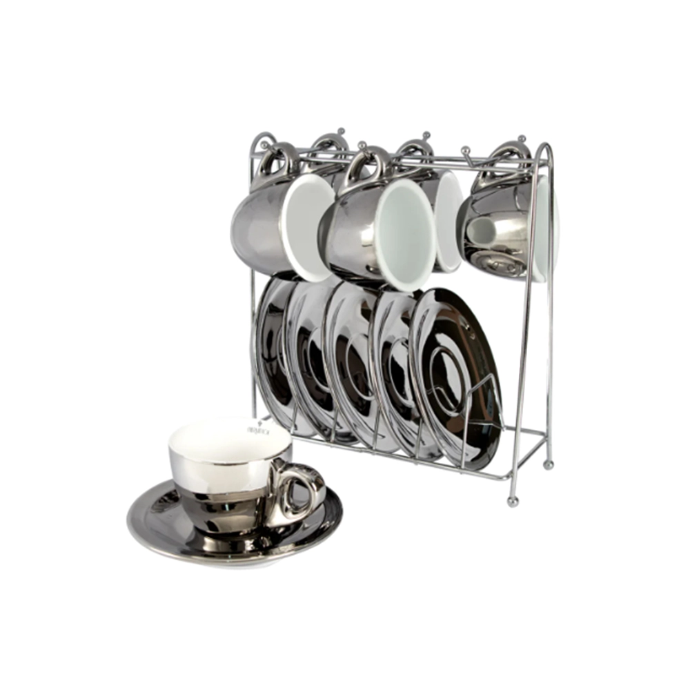 Jogo de Xícaras Para Café Com Pires Com Rack L'hermitage Chrominno 80 Ml - 6 Peças