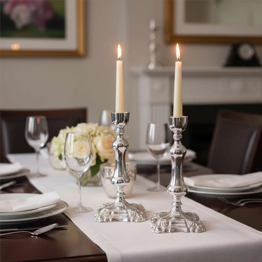 Par de Casticais Com Pe Trabalhado Shefield Plate 38 Cm Par de Casticais Com Pe Trabalhado Shefield Plate 38 Cm