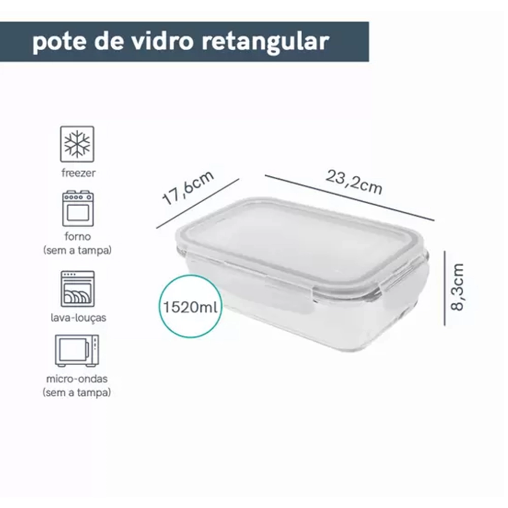 Pote Retangular Com Tampa Oikos 1520 Ml