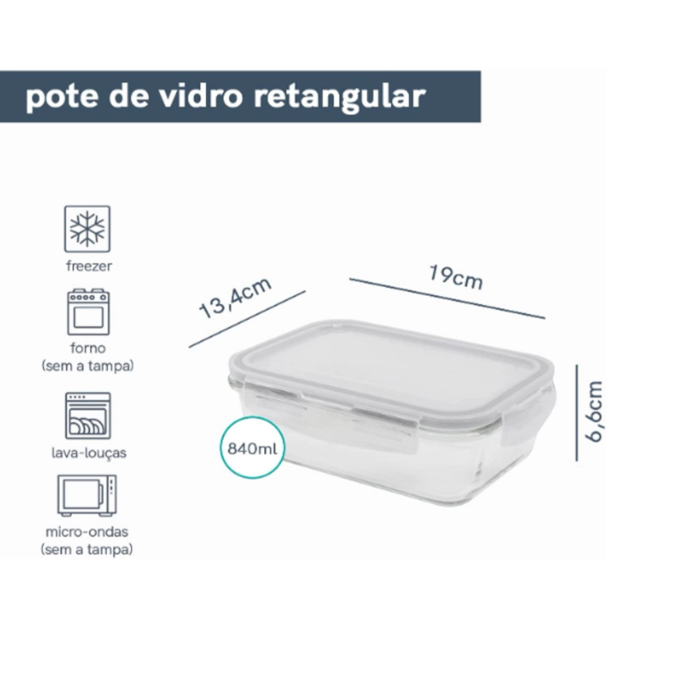 Pote Retangular Raso Com Tampa Oikos 840 Ml