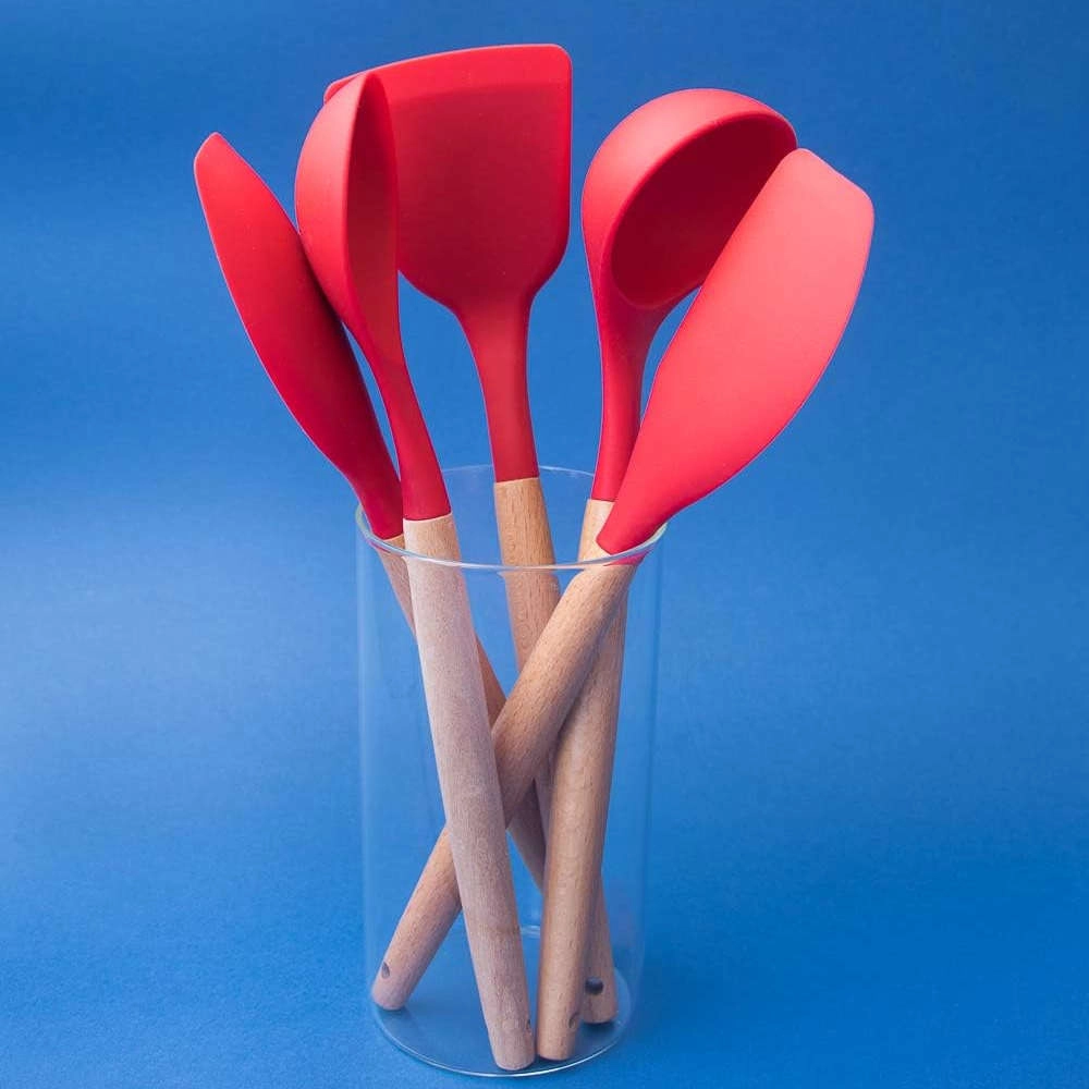 Espátula Reta de Silicone Com Cabo de Madeira Oikos