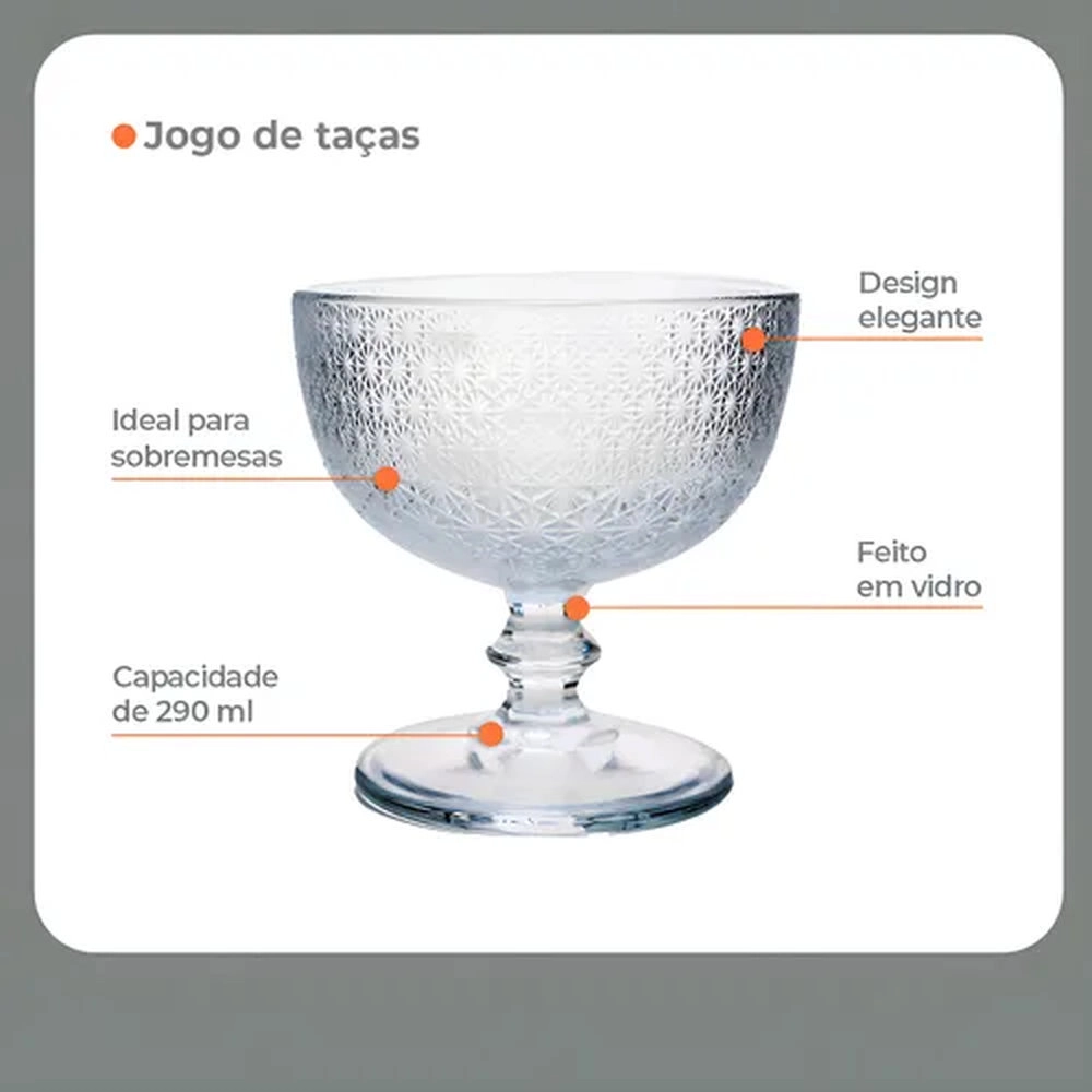 Jogo de Tacas Para Sobremesa Hub.me Com Detalhe Texturizado Transparente 290 Ml - 4 Pecas