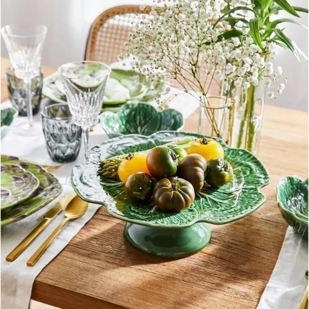 Prato Para Bolo Com Pé Bordallo Pinheiro Couve 13 X 31 Cm